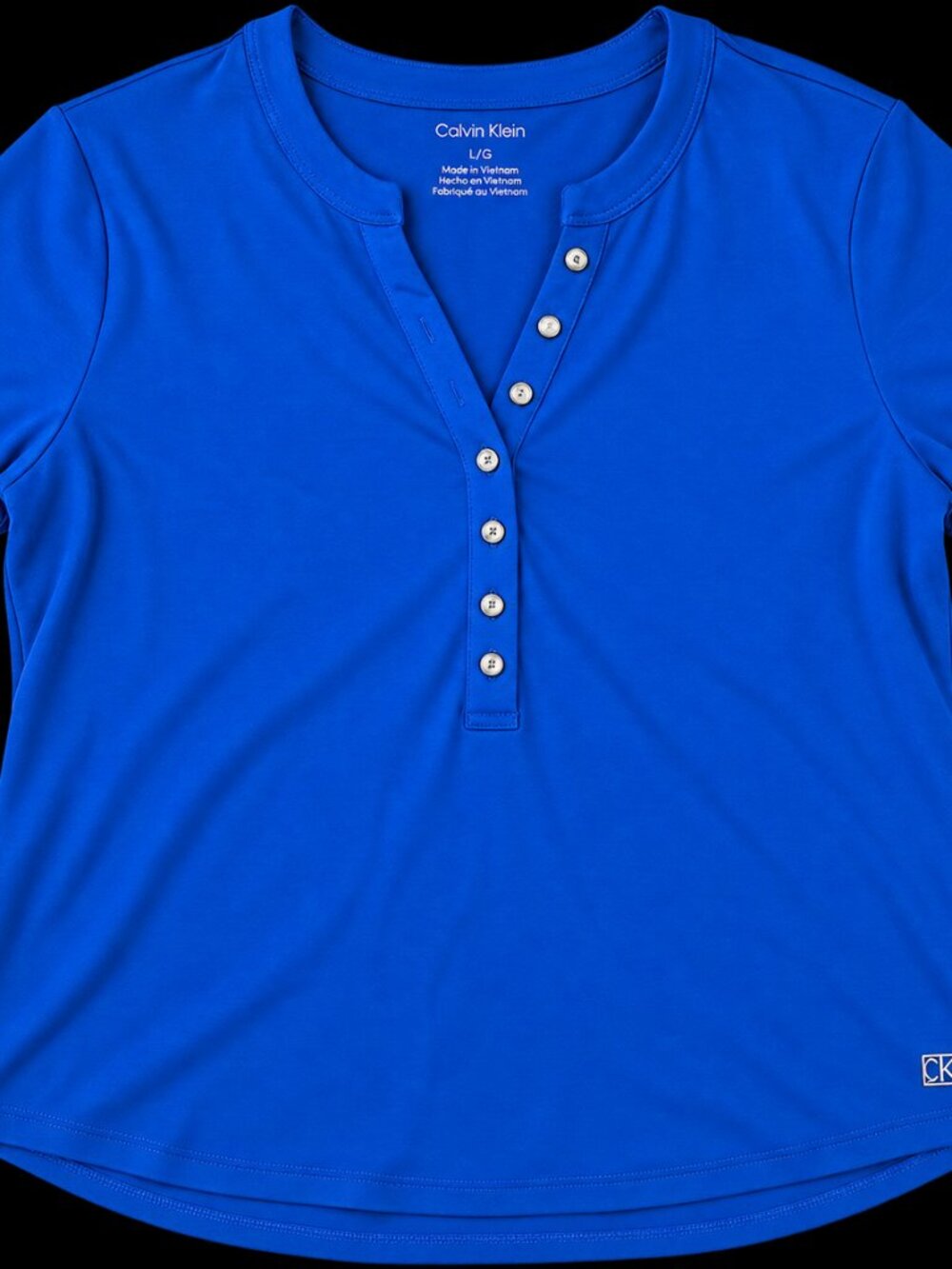 Calvin Klein Womenโs L Blue Henley Button Front Short Sleeve Shirt Top NWOT